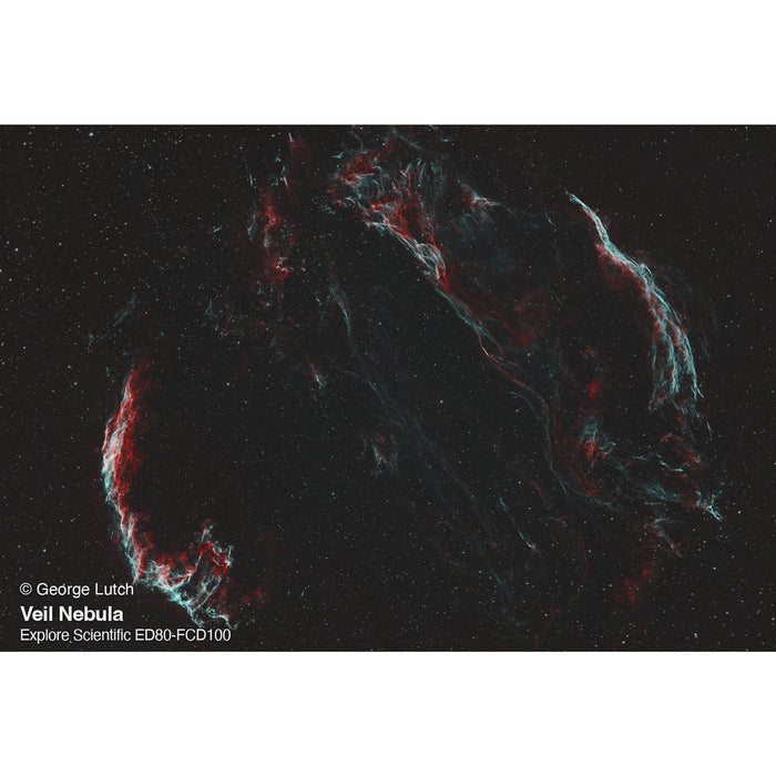 Veil Nebula by George Lutch using ES ED80 FCD100, Moonlite CFL 2.5, Orion .8 Reducer / Flattener, ZWO 2" x 7 EFW, ZWO ASI2600MM Pro, Agena Astro 60mm Guide Scope, ZWO ASI174mm Mini, Software Bisque Paramount MyT